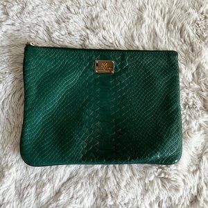 REBECCA MINKOFF Green Leather Embossed Pouch Clutch
